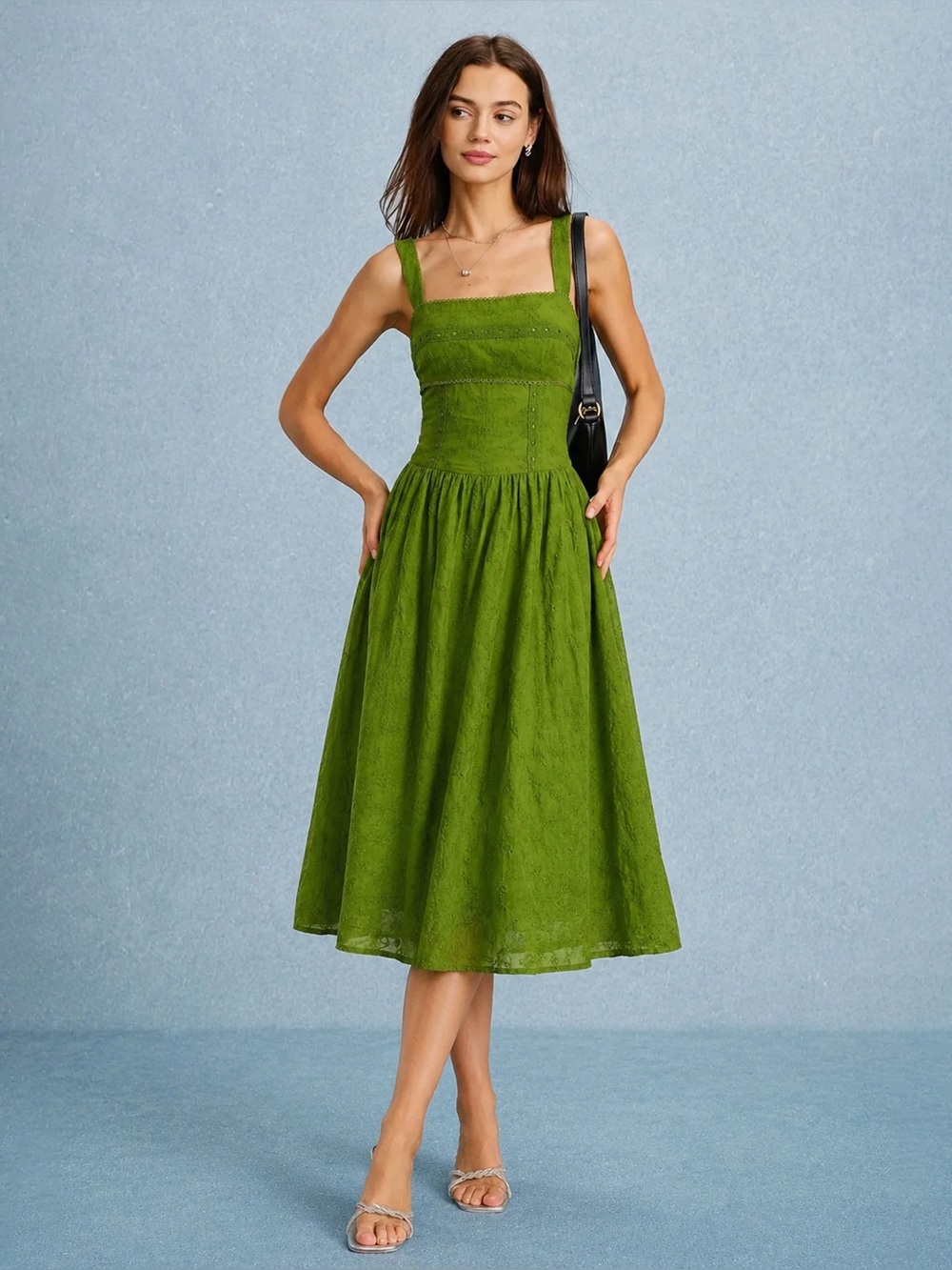Rihoas Green Square-Neck Midi Dress with Wide Straps